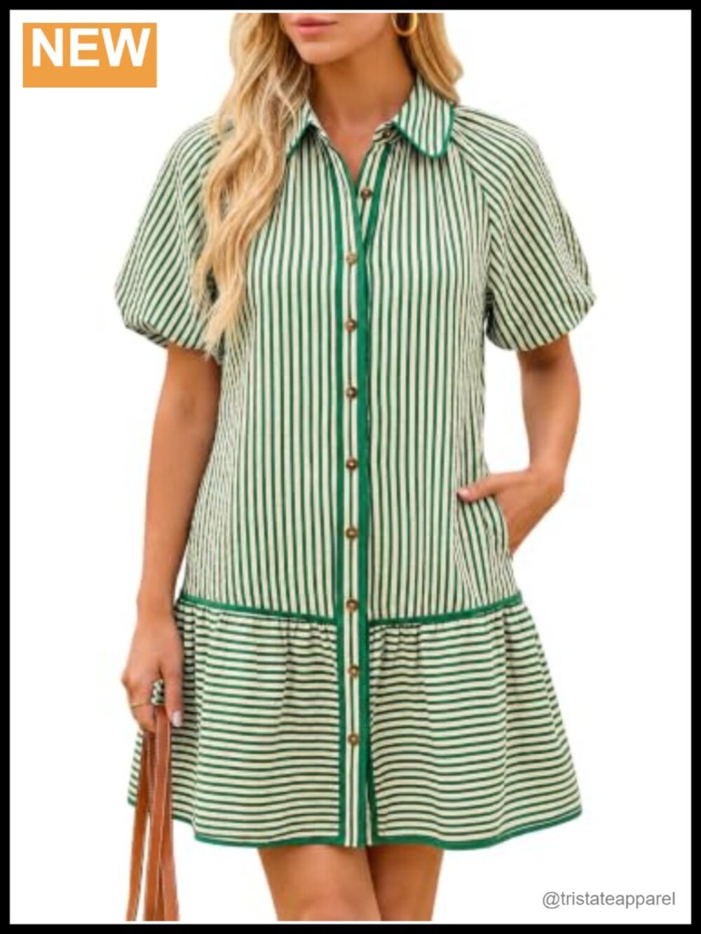 Striped Button Down Shirt Dress Puff Sleeve Mini A-Line V-Neck Summer